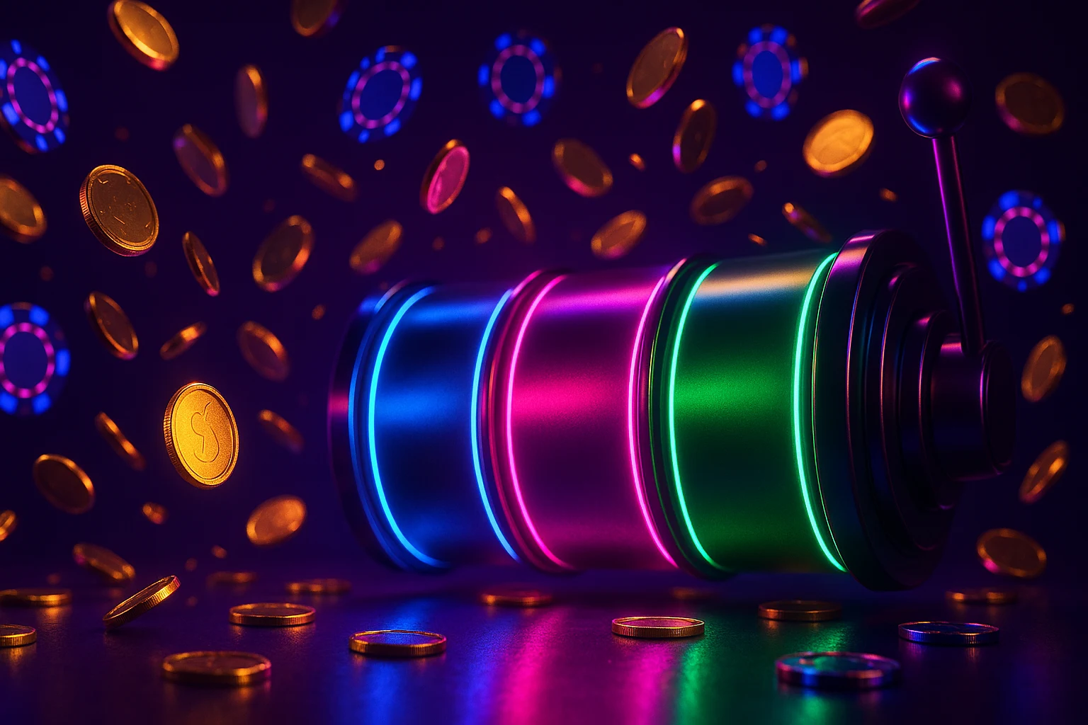 Dark neon casino atmosphere with glowing slot machine reels and golden coins